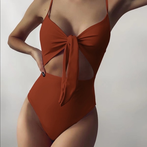 Knot front cut-out high waisted rust brown one piece swimsuit - Picture 1 of 1